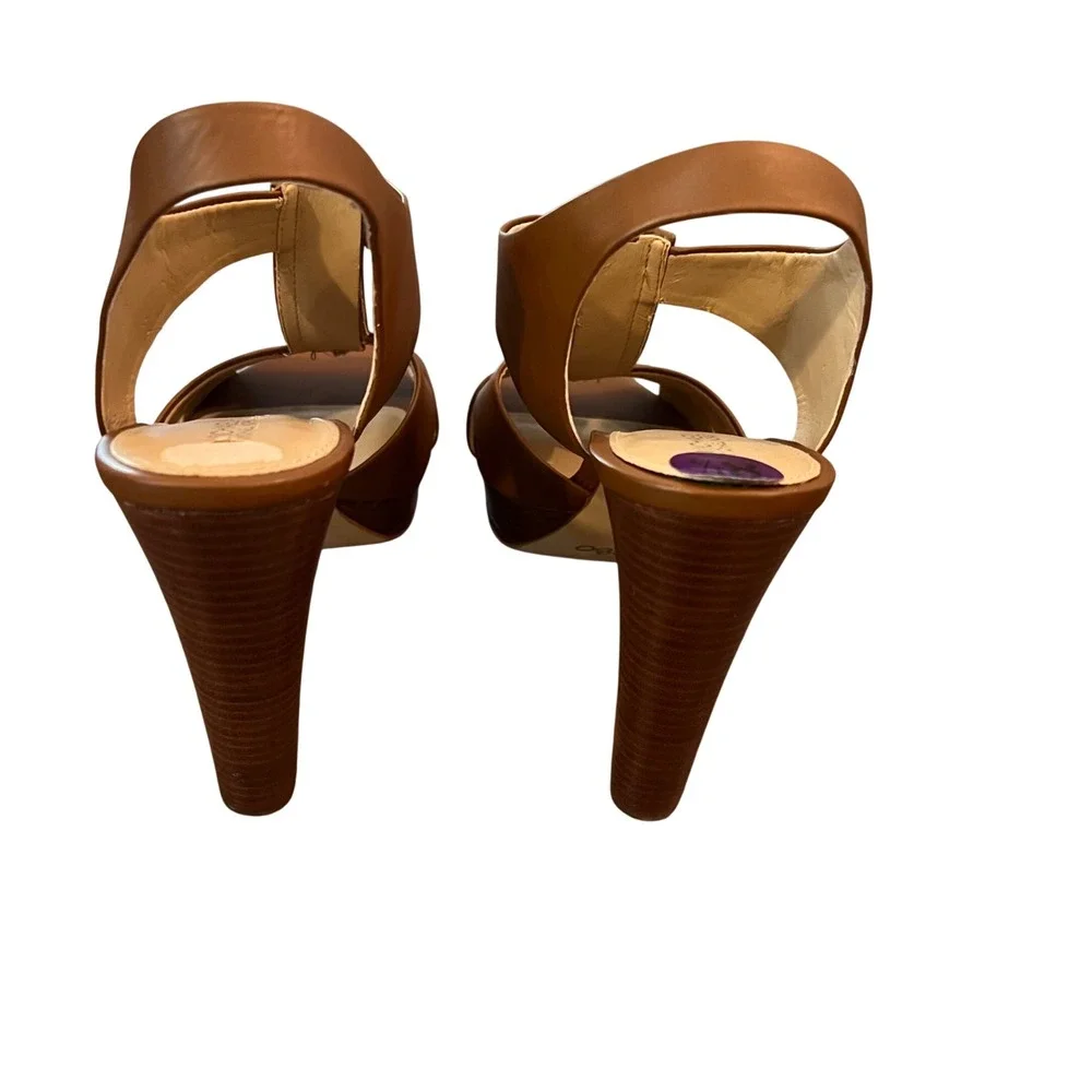 Michael Kors Luggage Brown Leather Zip Front Platform Block Heel Sandals 8.5